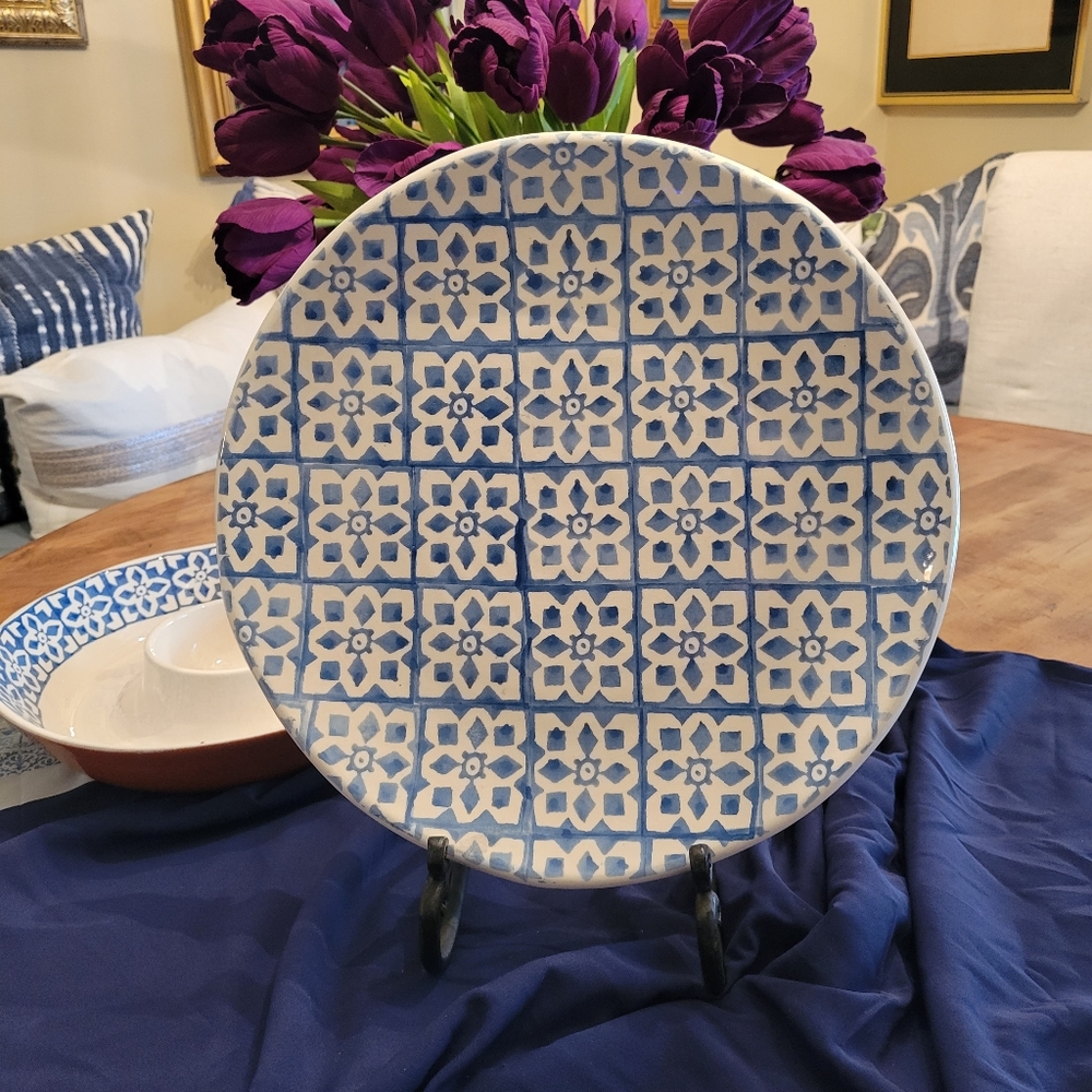 Blue hand stamped large round 14" serving platter - Portugal - firm price